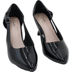 Clarks Kataleyna Rae Black Patent Cutout Mid Pumps Women's US 8.5M